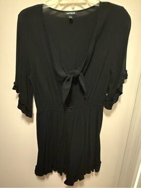 Express Women's Romper, V-Neck, Black Shorts, Flowy, Ruched, Size M, Tie Front